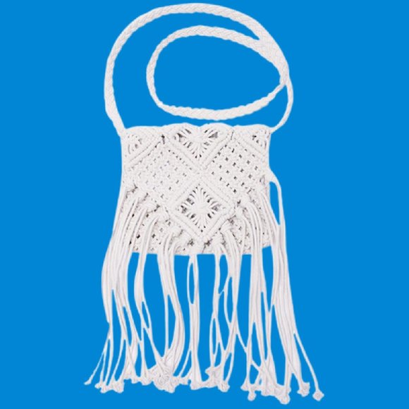 SOLD OUT       BOHO Ivory Macrame Fringed Shoulder Bag with Flap - Picture 3 of 4